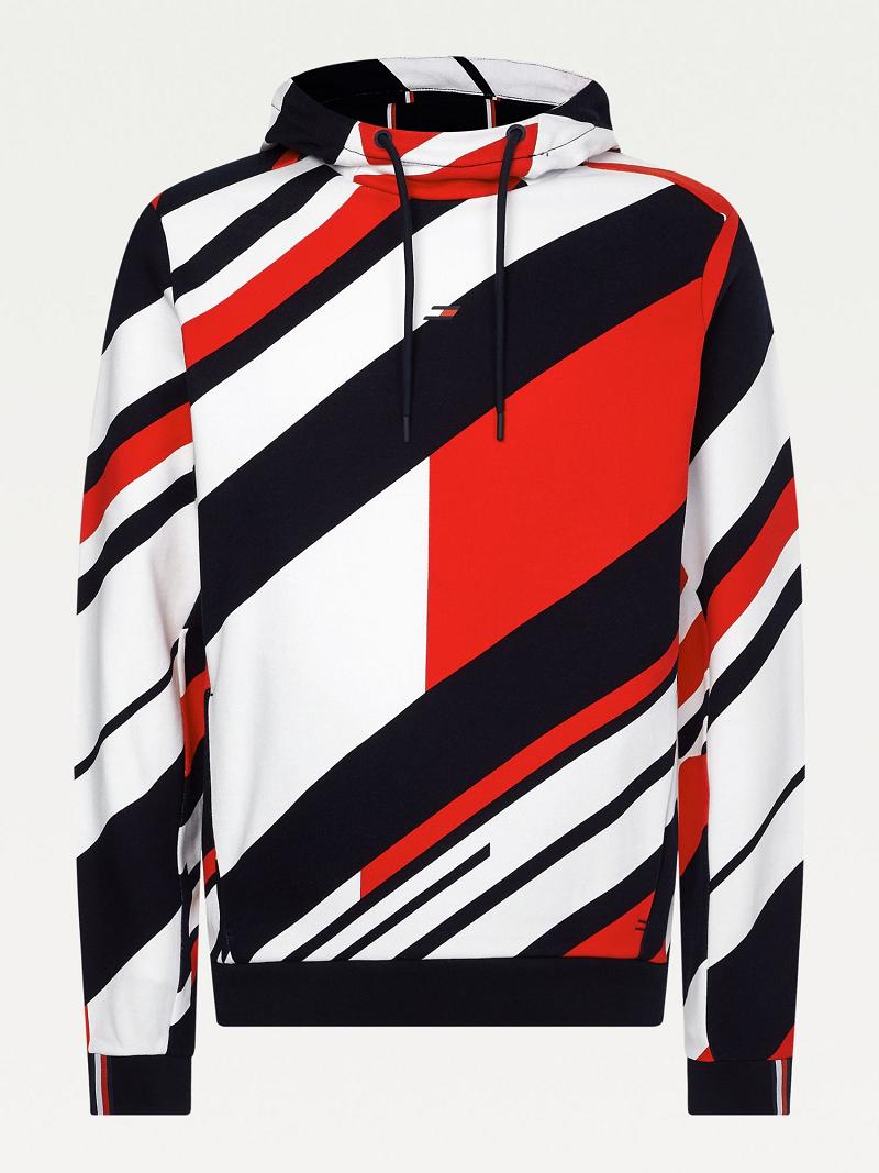 Férfi Tommy Hilfiger Organic cotton diagonal flag performance Hoodies Piros Fekete Fehér | HU 1236NWY